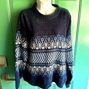 Retro Blue Argyle Style Chenille Sweater size L